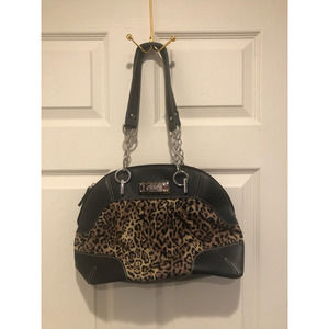 Chaps Womens Shoulder Bag Black Brown Leopard Print Pocket Zipper Dual Handle